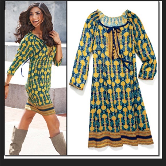 Avon Dresses & Skirts - Yellow tribal print 3/4 sleeve Avon Dress Medium